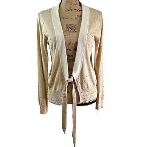 ZUCCHERO Beige Beaded Cotton/Silk Cardigan w/Tie Sz Small (includes Tank Top)
